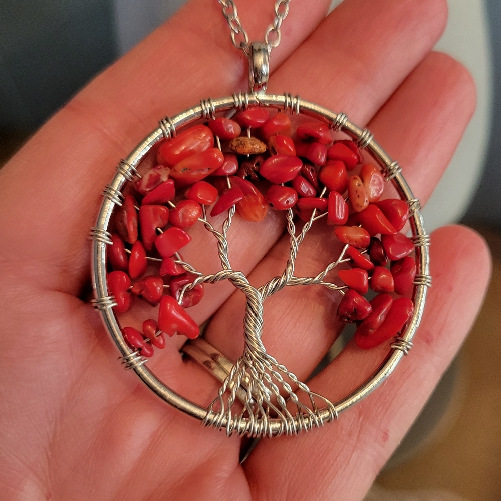Red coral tree of life necklace silver tone chain